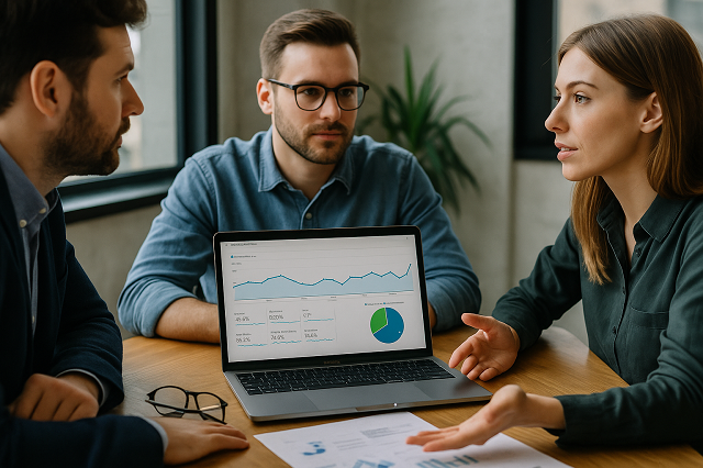 Trois professionnels collaborant sur un projet de communication digitale en entreprise