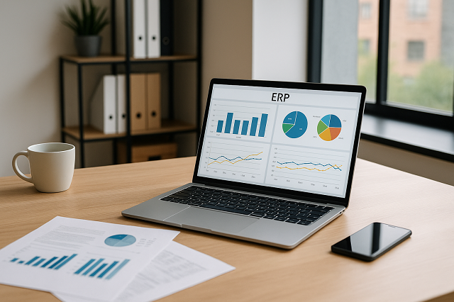 Ordinateur portable affichant un logiciel ERP avec graphiques et tableaux de gestion sur un bureau moderne